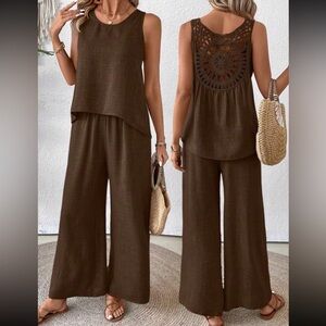 Women’s Wide Leg Two-Piece Set with Crochet Back - Brown
